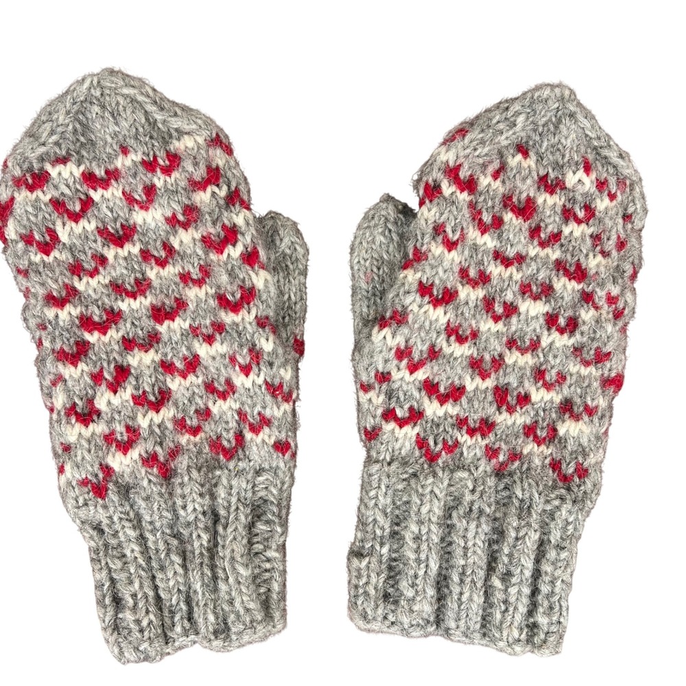 Handmade Nordic Wool Knit Mittens Gray Red Fair Isle Heart Scandi Winter Gloves